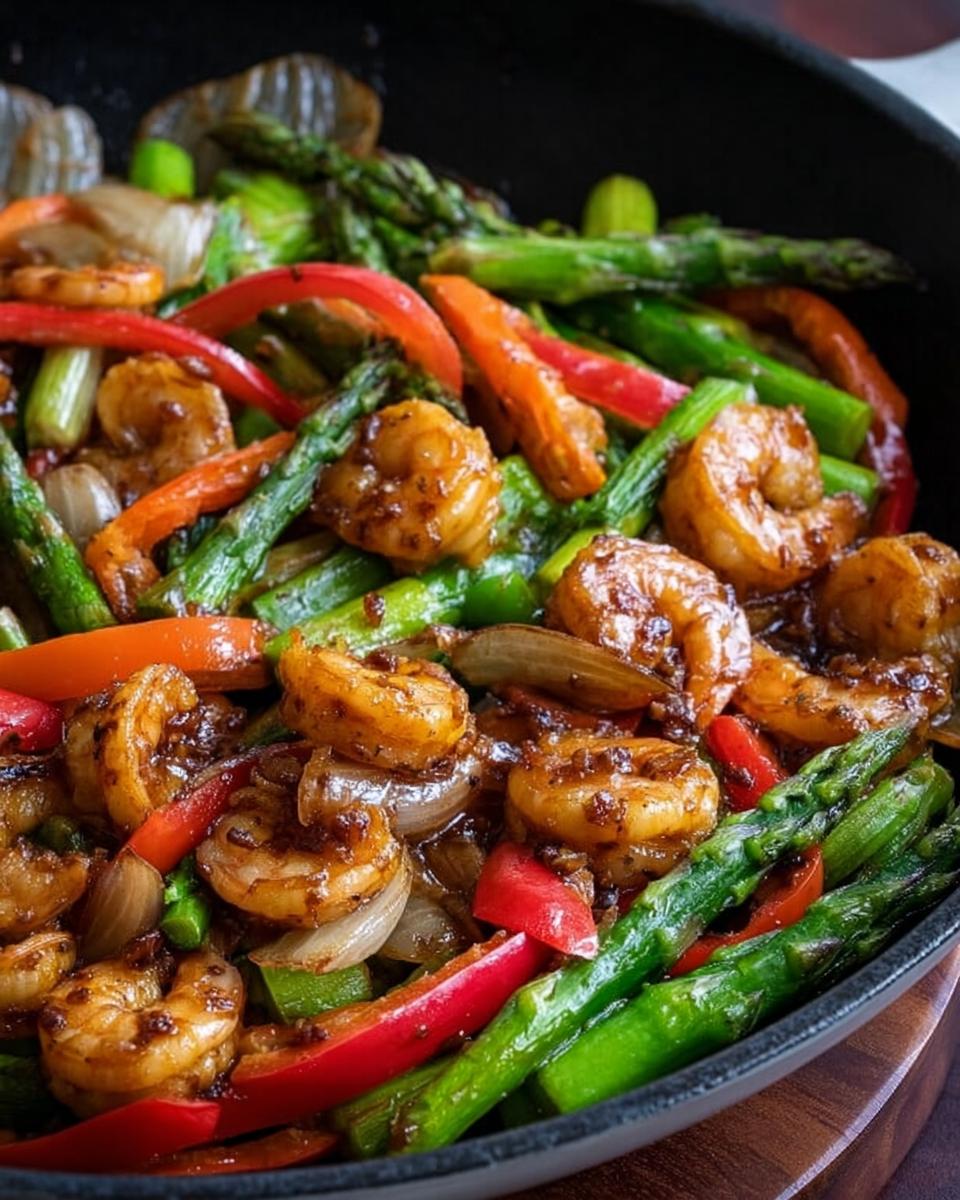Close-up of glossy Honey Garlic Shrimp Stir Fry with bright green asparagus and red peppers.
