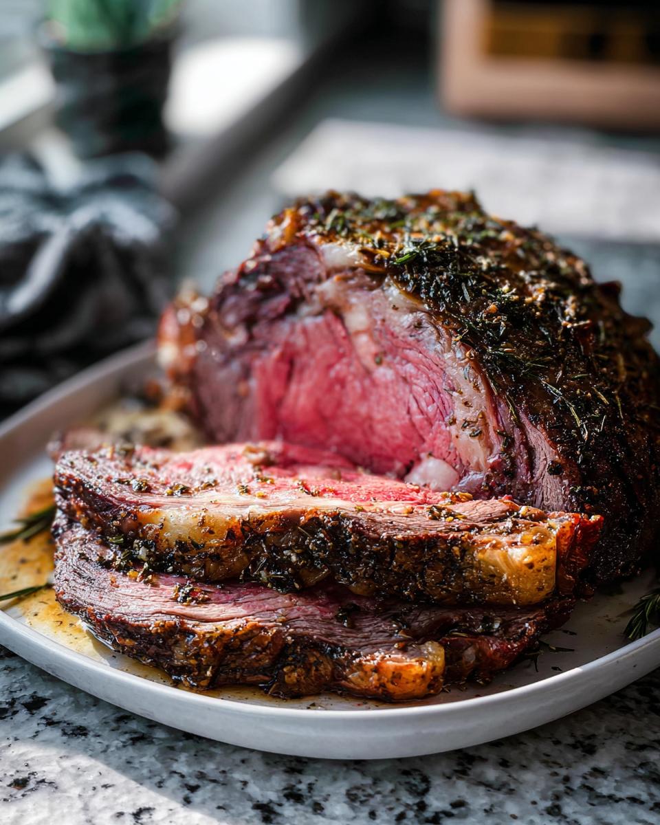 Close-up of a perfectly cooked prime rib roast in the oven, sliced to show medium-rare center.