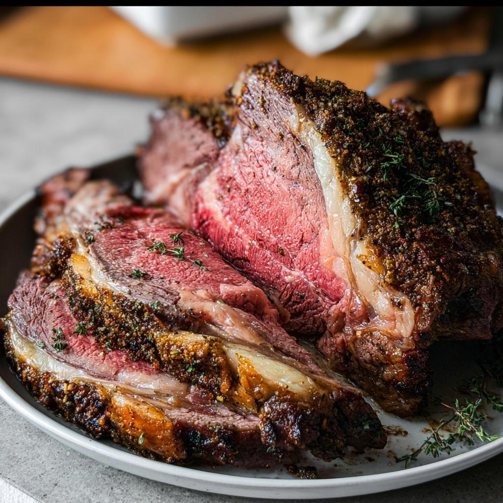 A beautifully cooked prime rib in the oven, sliced to reveal a perfect medium-rare center and herb crust.