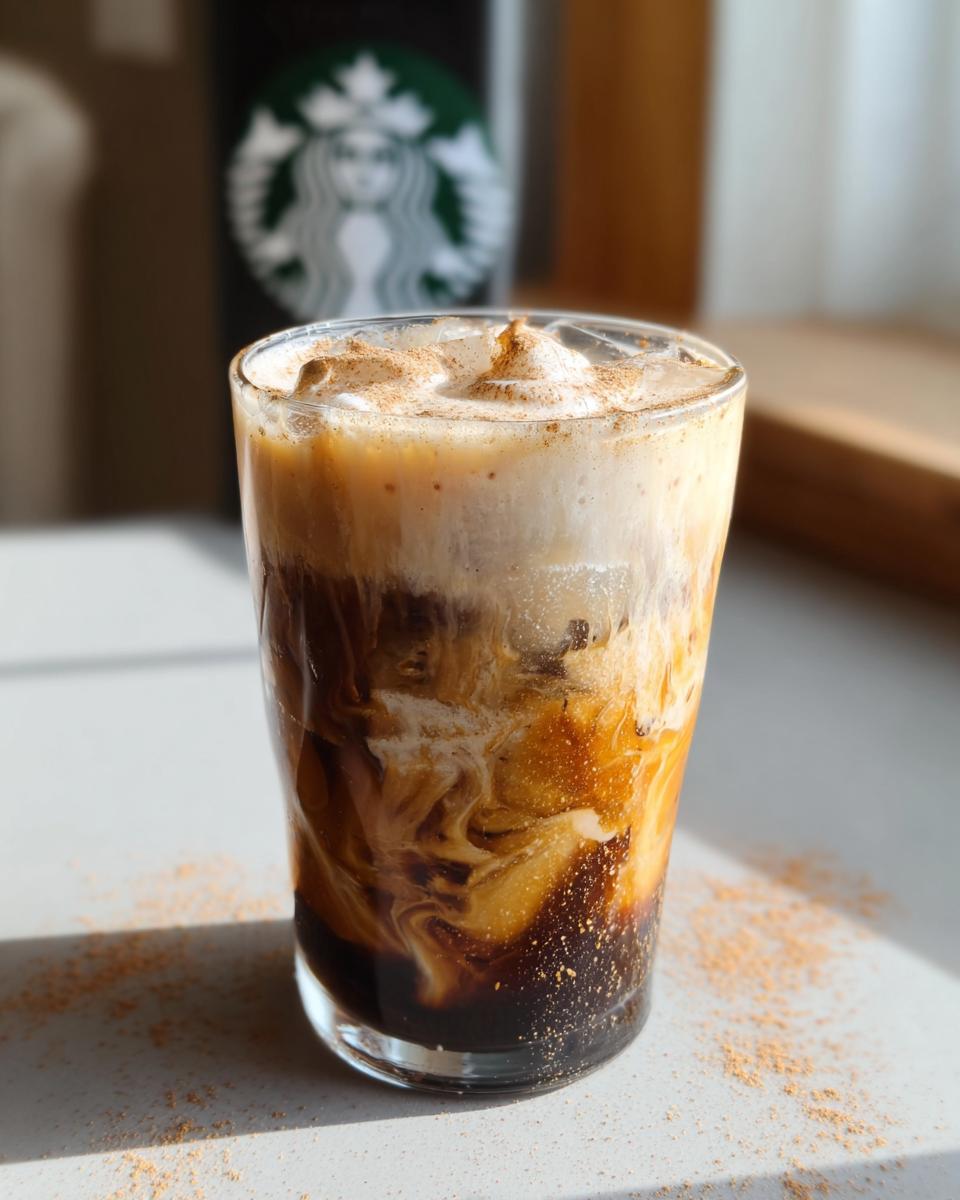 A glass of Iced Brown Sugar Oatmilk Shaken Espresso with layered coffee, oat milk, and cinnamon topping.