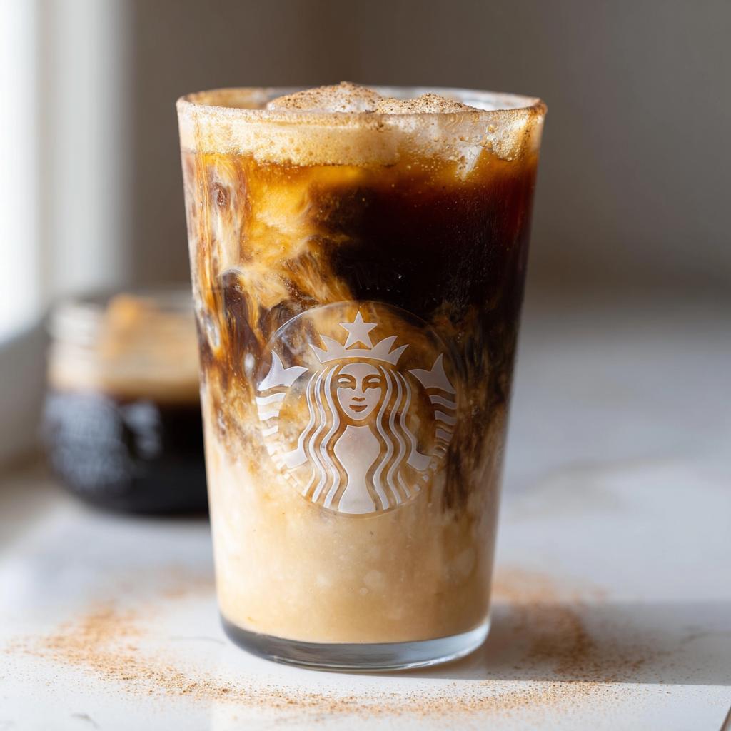 Close-up of an Iced Brown Sugar Oatmilk Shaken Espresso showing swirling coffee and oatmilk layers in a glass with a Starbucks logo.