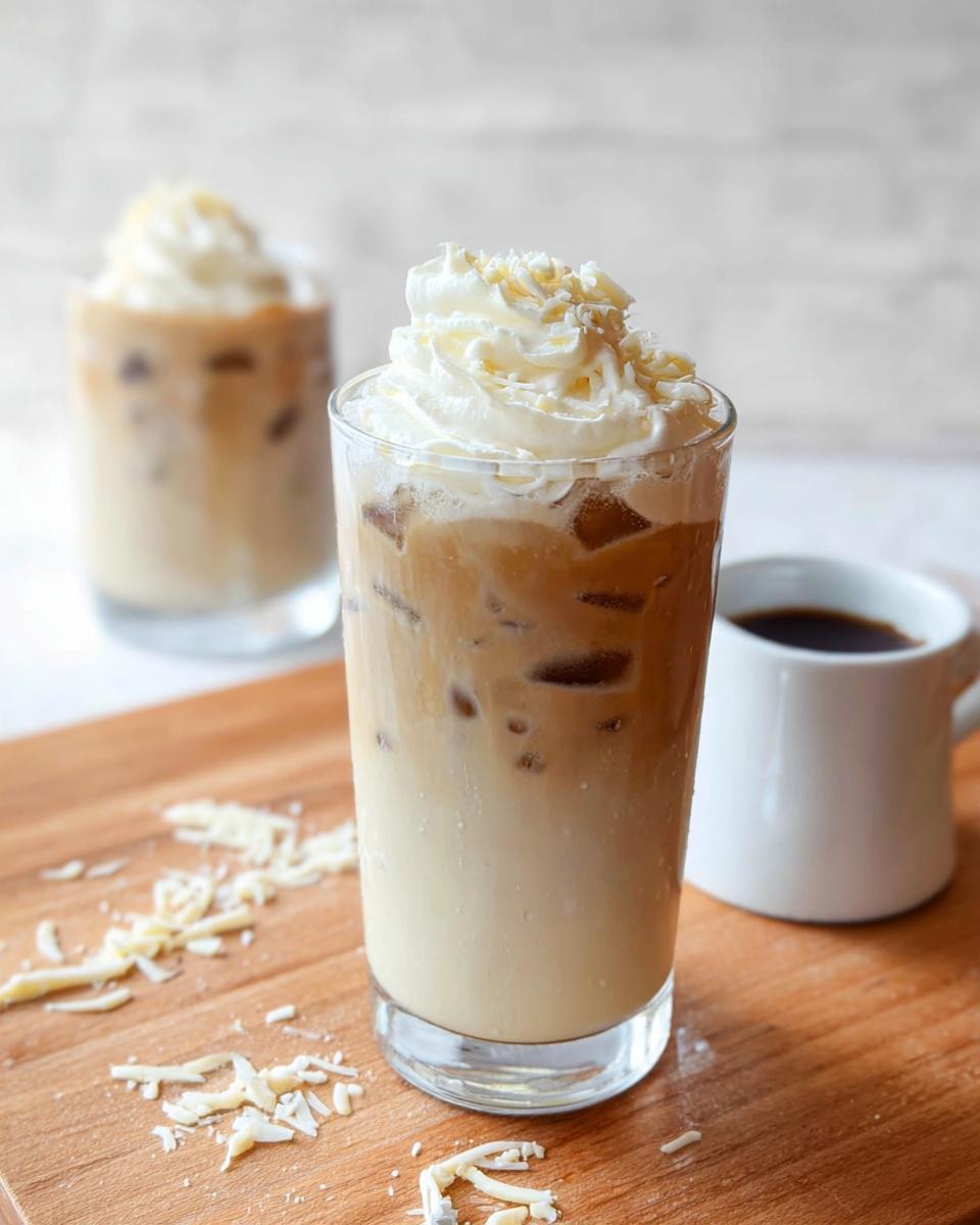 A tall glass of Iced White Chocolate Mocha topped with whipped cream and white chocolate shavings.