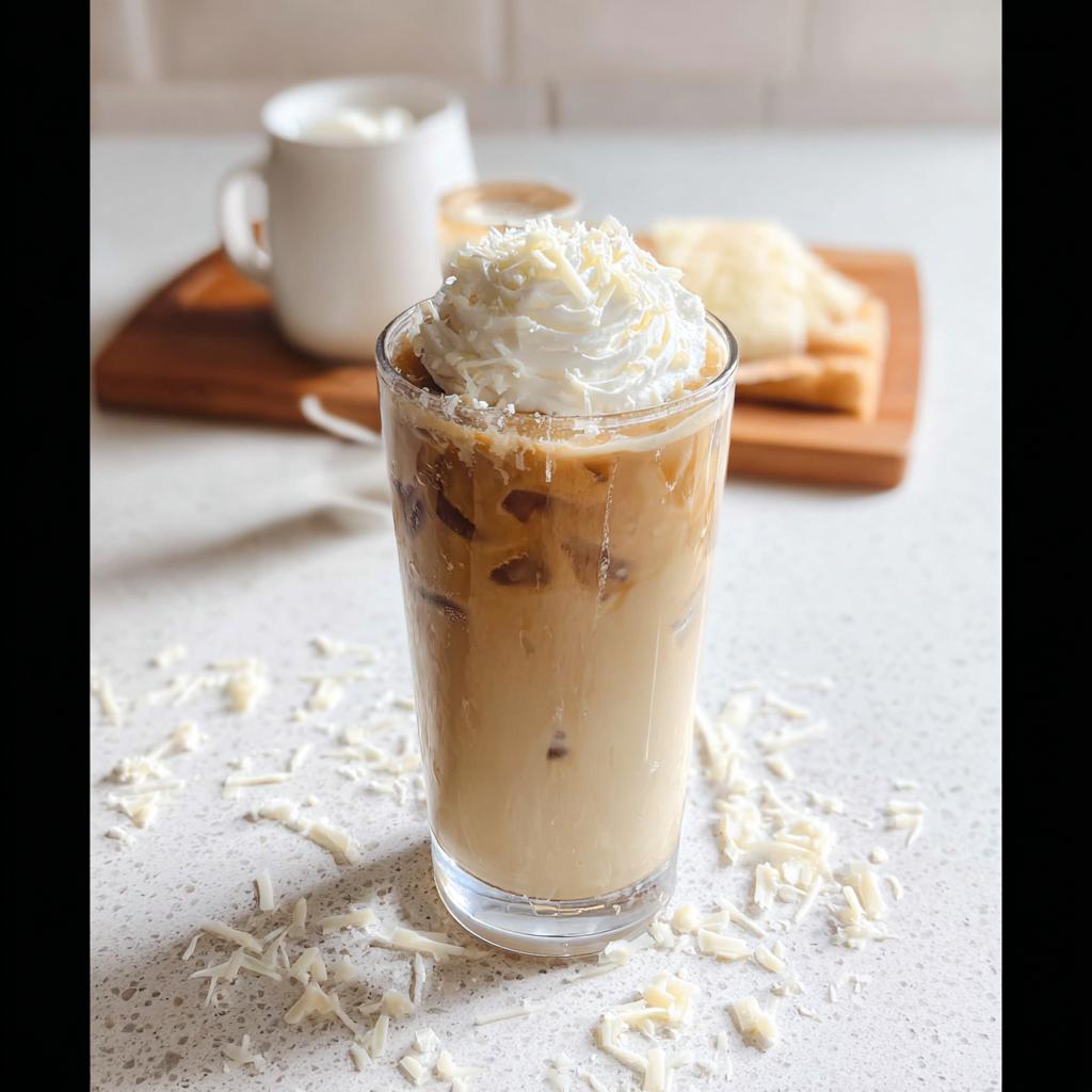 A tall glass filled with Iced White Chocolate Mocha, topped with whipped cream and white chocolate shavings.