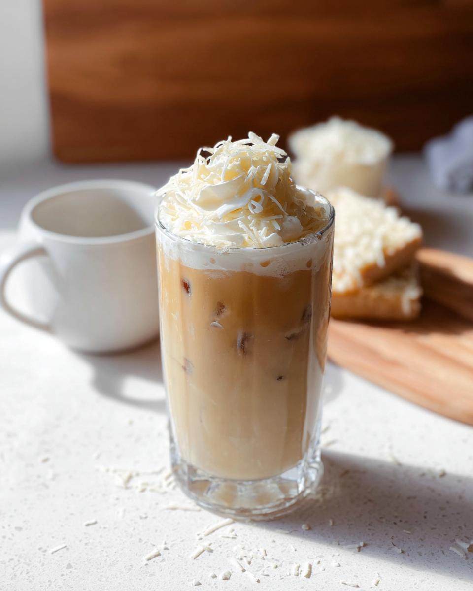 A tall glass filled with Iced White Chocolate Mocha, topped with whipped cream and white chocolate shavings.
