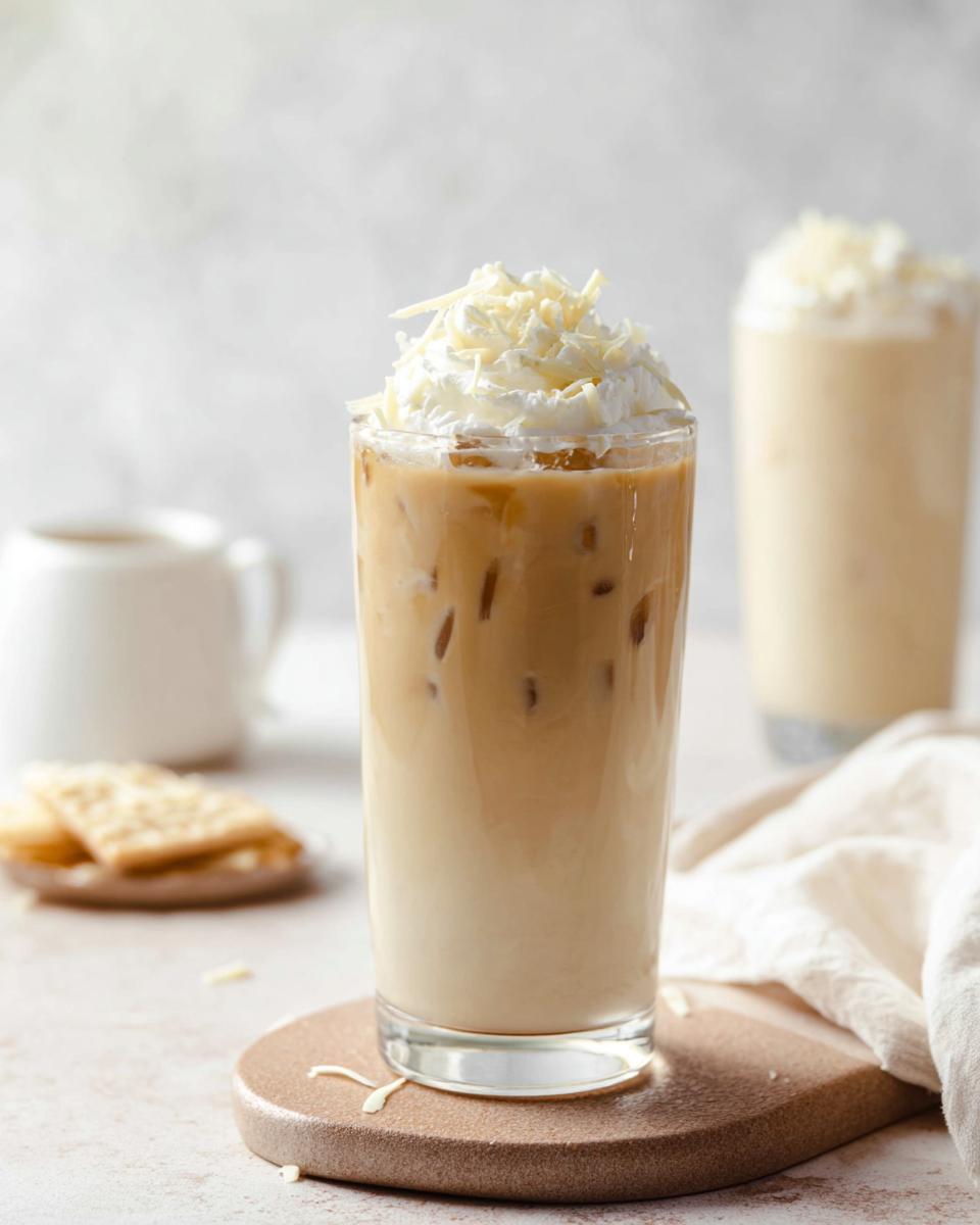 A tall glass of Iced White Chocolate Mocha layered with coffee and milk, topped with whipped cream and white chocolate shavings.
