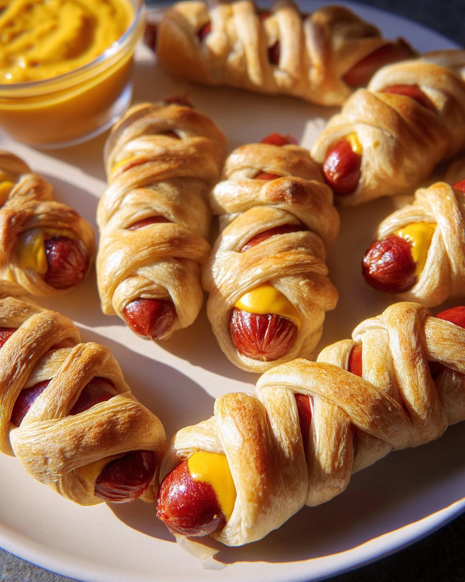 A plate of golden-brown Jalapeño Popper Mummy Dogs, with hot dogs wrapped in pastry and visible cheese.