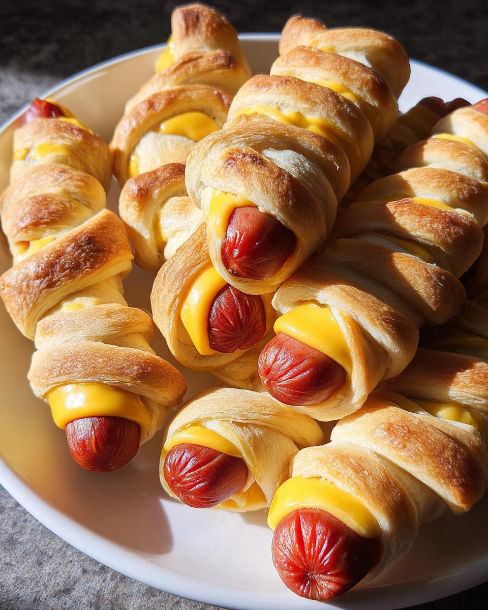 Close-up of golden-brown Jalapeño Popper Mummy Dogs wrapped in dough with visible cheese.