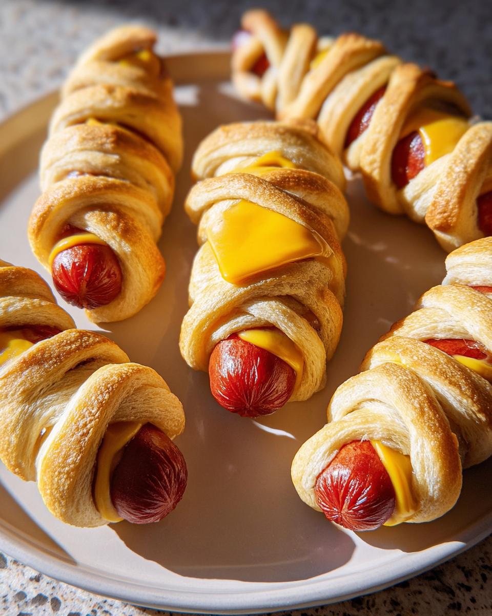 Close-up of golden-brown Jalapeño Popper Mummy Dogs wrapped in pastry with cheese peeking out.
