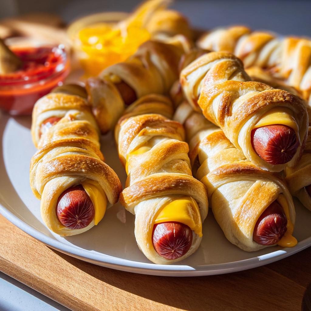 A plate of golden-brown Jalapeño Popper Mummy Dogs, with visible hot dogs and melted cheese peeking out.