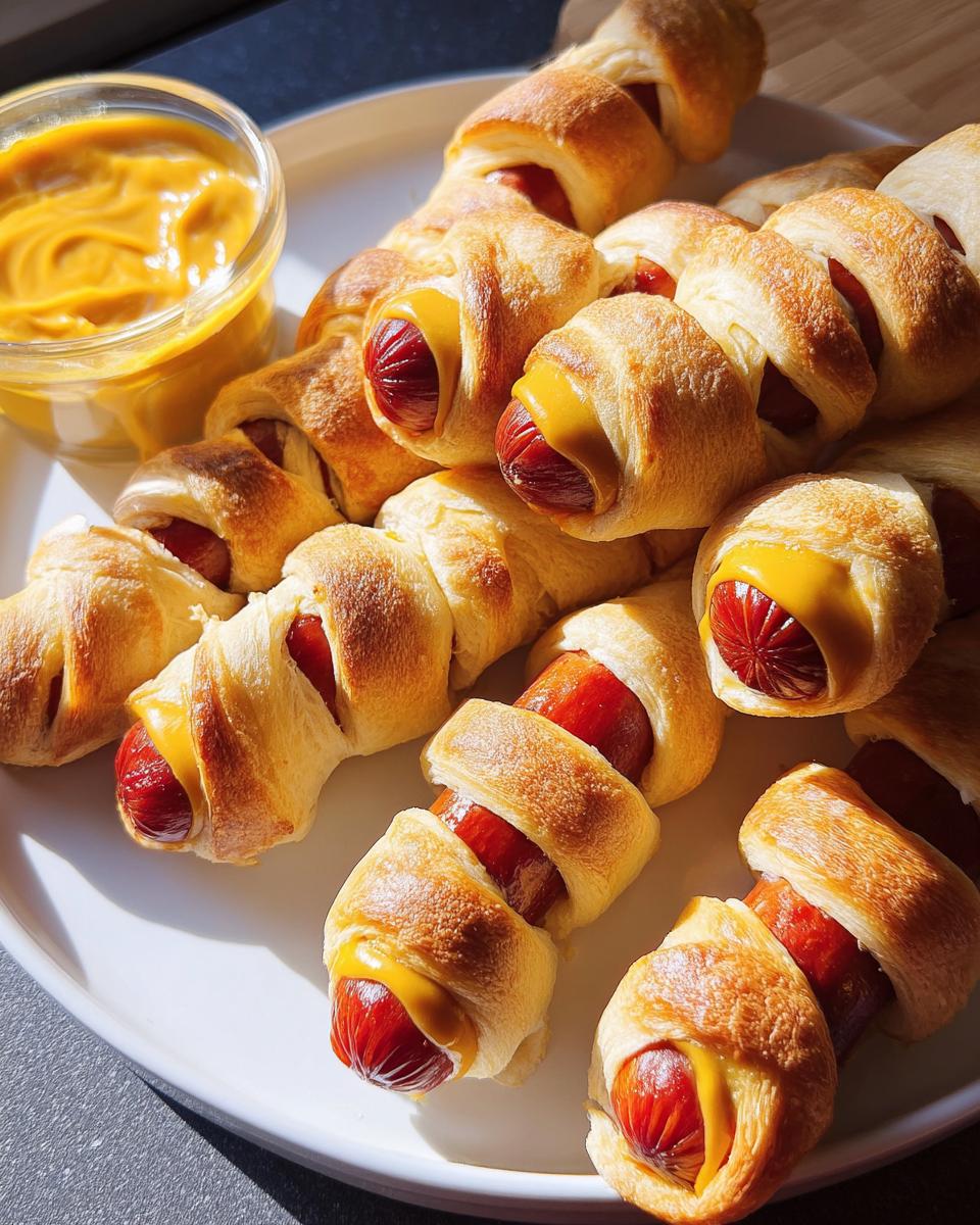 A plate full of golden-brown Jalapeño Popper Mummy Dogs, each wrapped in pastry with a peek of red hot dog and yellow cheese.