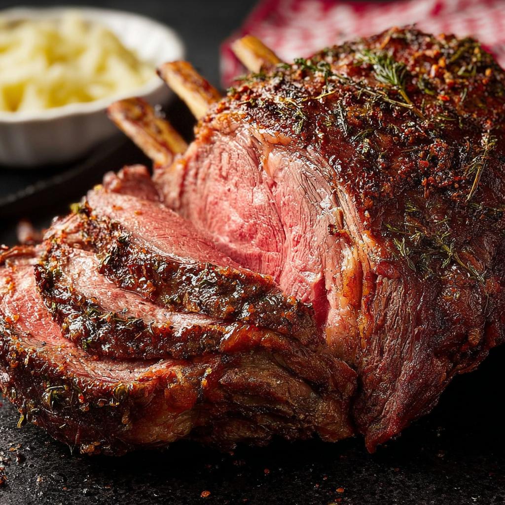 Close-up of a juicy, tender Prime Rib roast, sliced to show medium-rare center and herb crust.