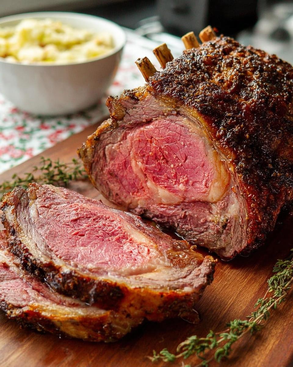 A juicy, tender Prime Rib roast, perfectly cooked medium-rare, with slices cut on a wooden board next to fresh thyme.