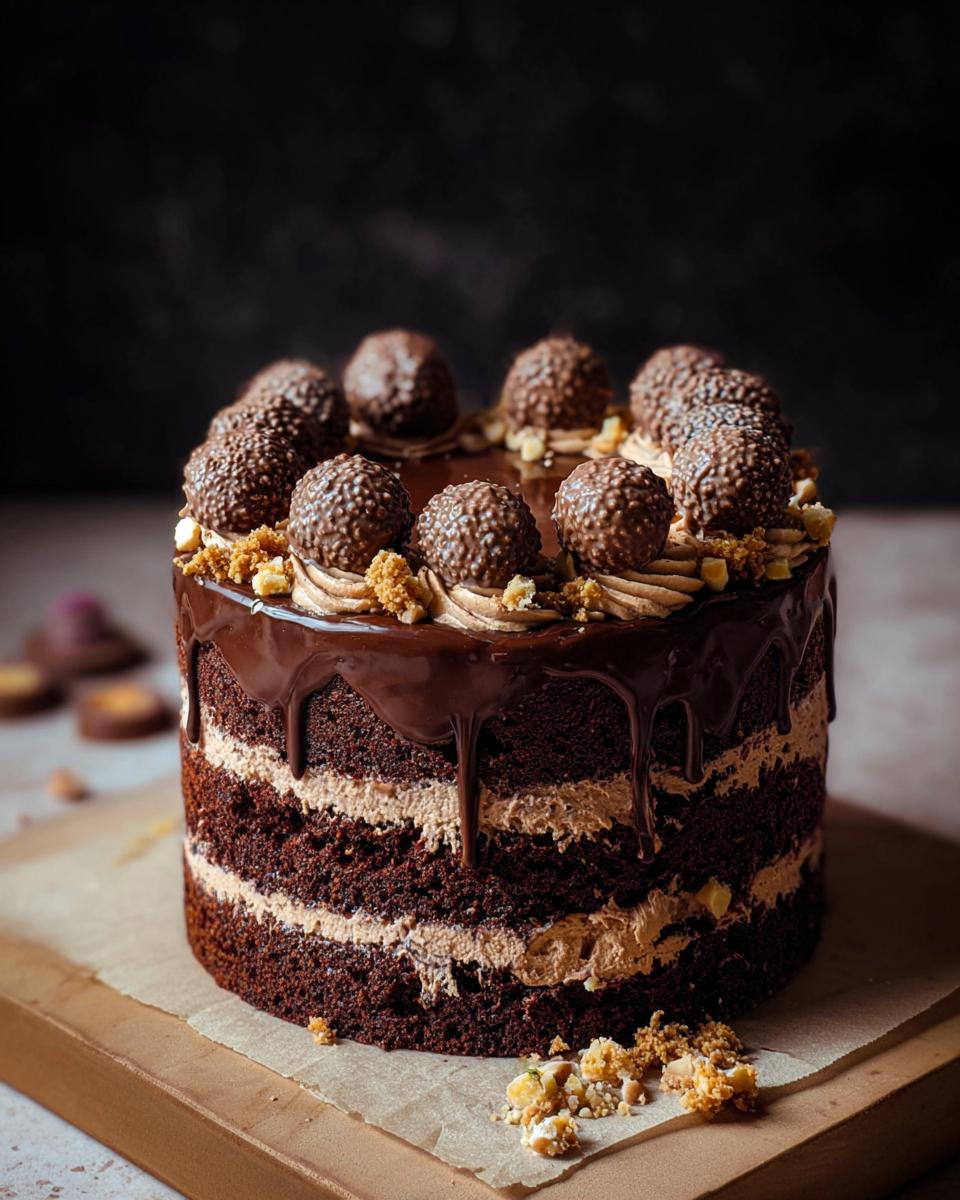 A tall, layered Dark Chocolate Truffle Cake topped with chocolate ganache drips and hazelnut truffles.