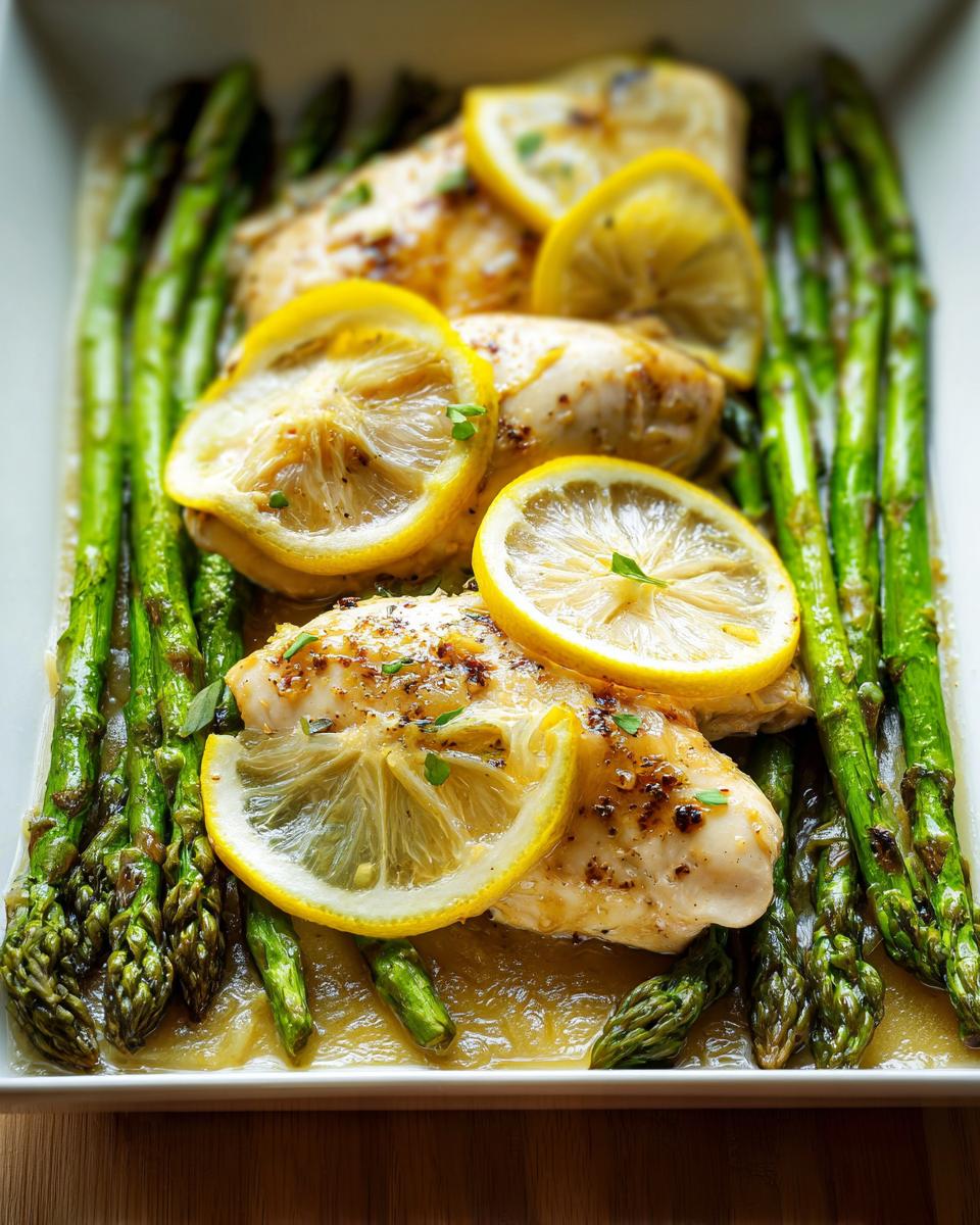A close-up of Lemon Butter Chicken with Asparagus, featuring tender chicken breasts topped with lemon slices and served alongside roasted asparagus.