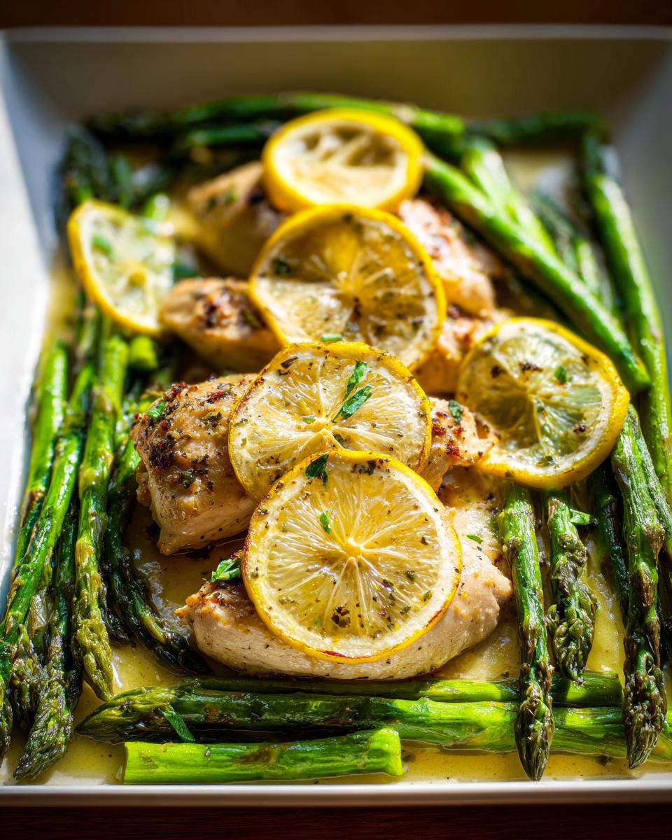 Close-up of Lemon Butter Chicken With Asparagus, featuring tender chicken pieces topped with lemon slices and served with bright green asparagus in a creamy sauce.