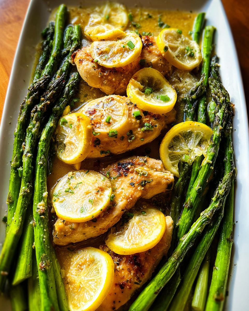 A close-up overhead view of Lemon Butter Chicken With Asparagus served on a white platter, garnished with lemon slices and herbs.