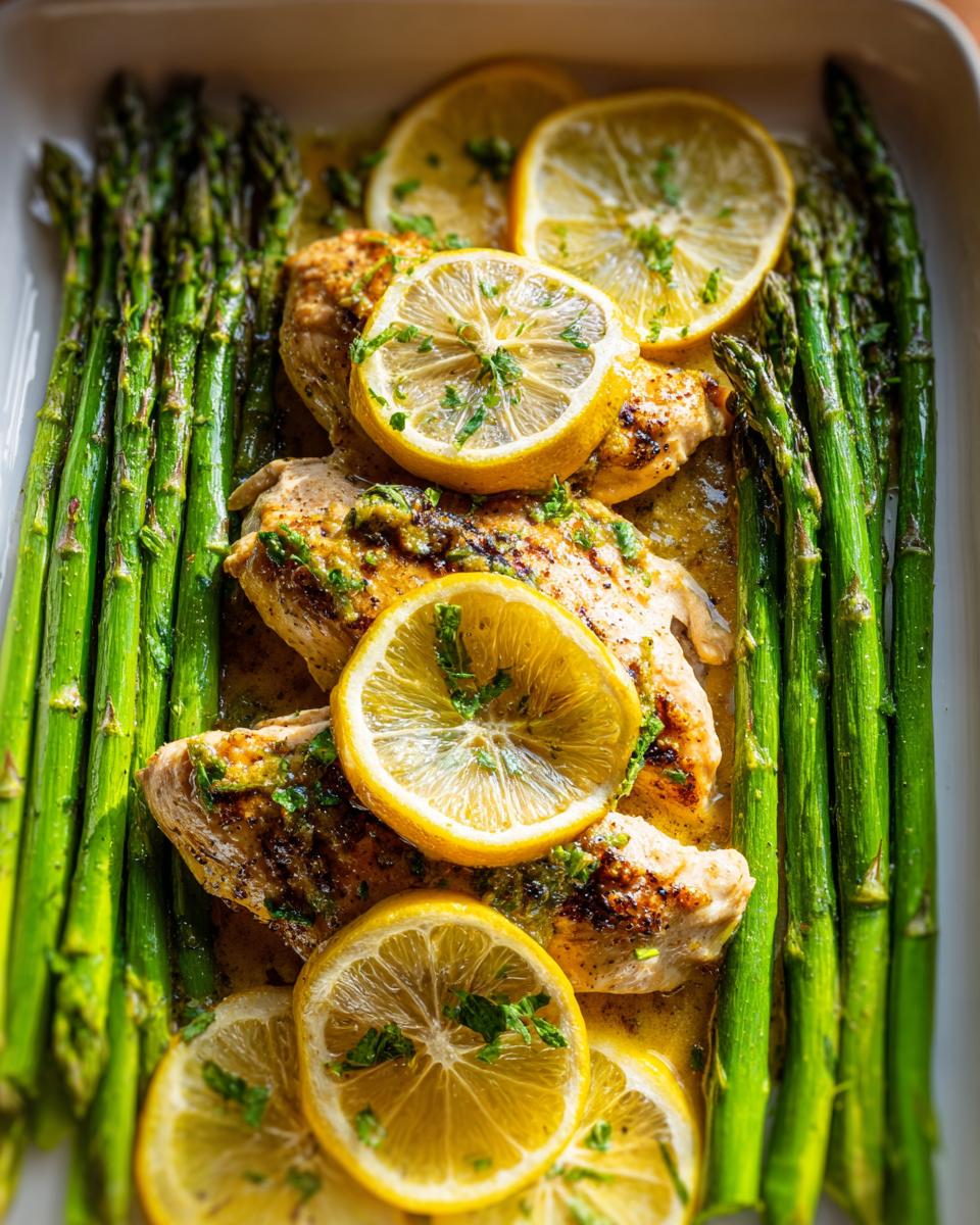 A platter of Lemon Butter Chicken with Asparagus, garnished with lemon slices and herbs.
