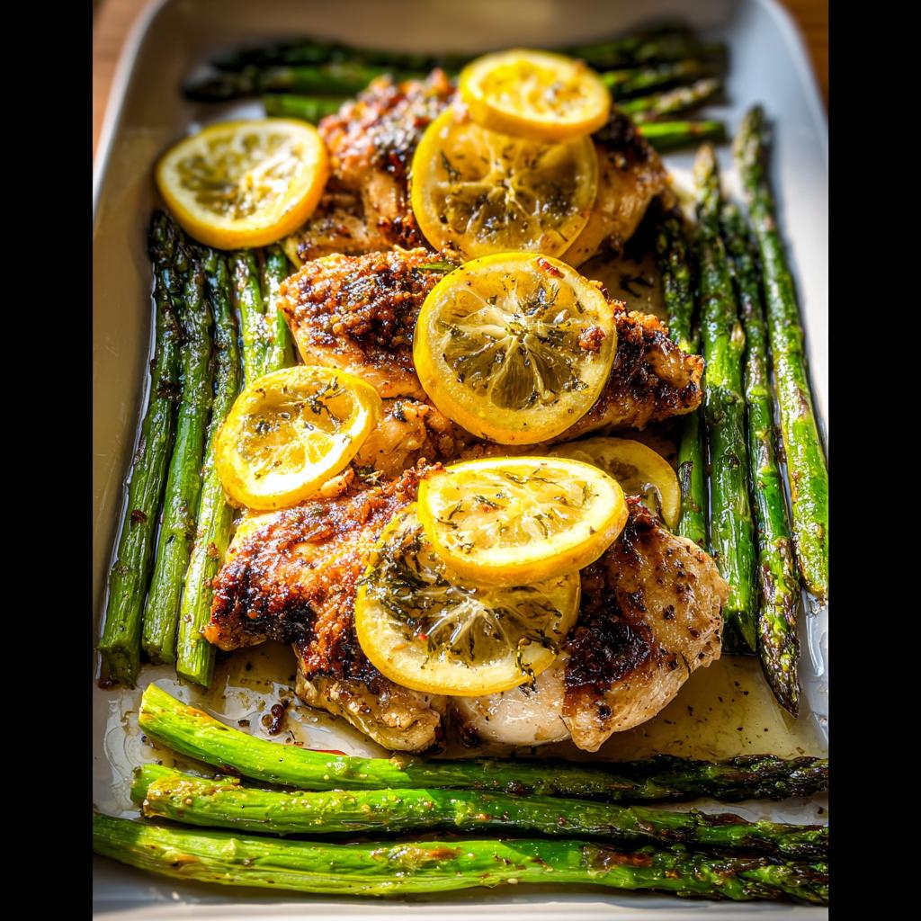 A platter of golden-brown Lemon Butter Chicken with Asparagus, topped with fresh lemon slices and herbs.