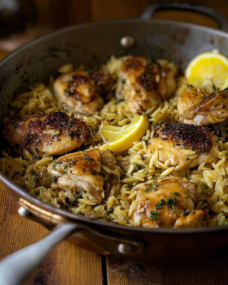 Close-up of Lemon Herb Chicken Orzo Skillet with seared chicken thighs and lemon wedges in a skillet.