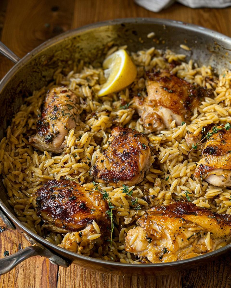 Close-up of Lemon Herb Chicken Orzo Skillet with crispy chicken thighs and a lemon wedge garnish.
