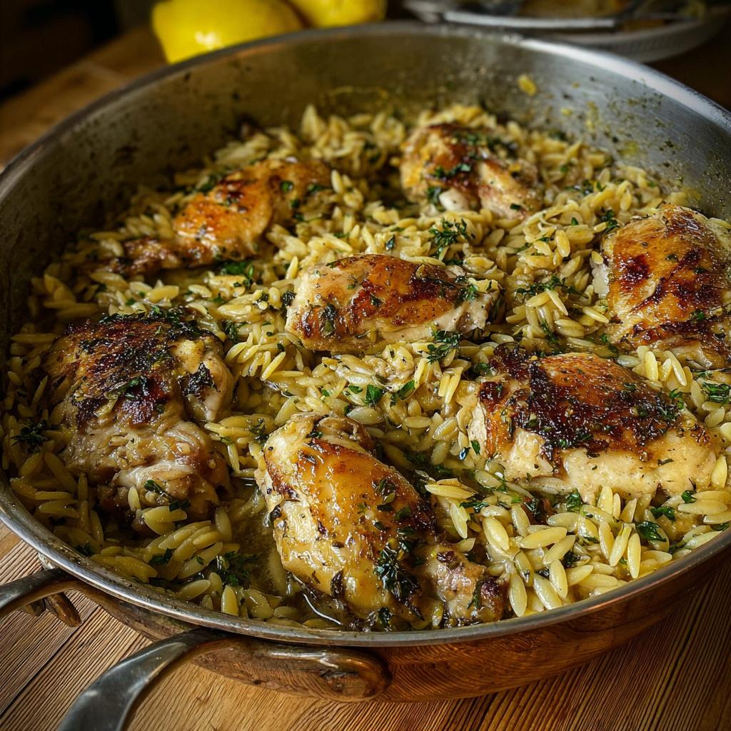 Close-up of Lemon Herb Chicken Orzo Skillet with crispy chicken thighs nestled in orzo pasta and herbs.
