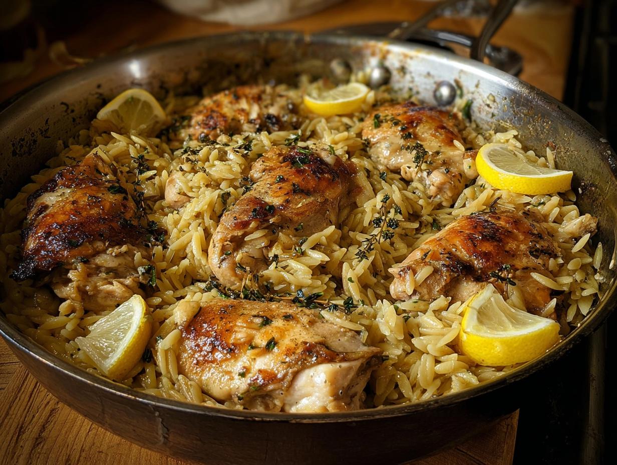 Close-up of Lemon Herb Chicken Orzo Skillet with browned chicken thighs nestled in orzo pasta, garnished with lemon wedges.