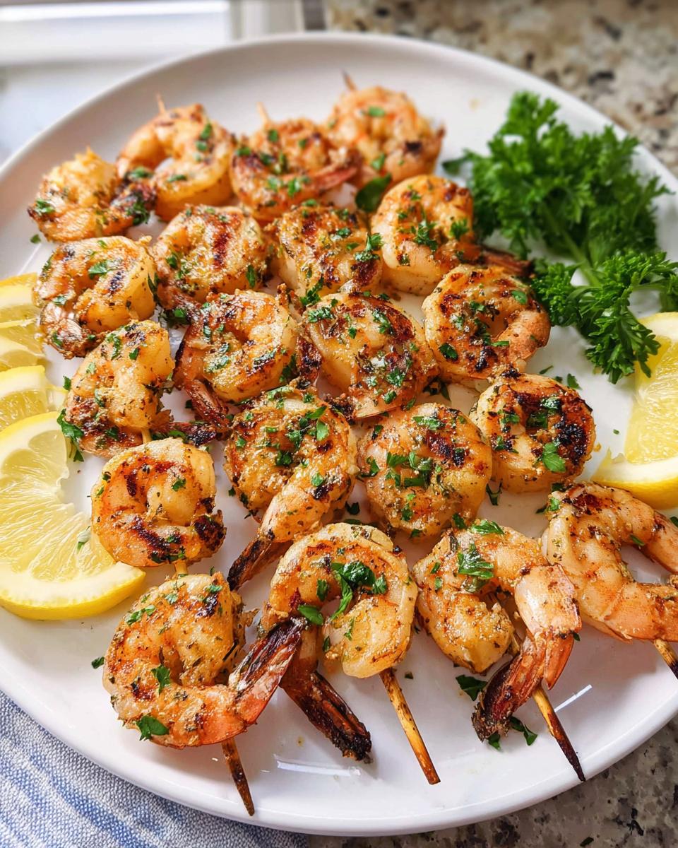 A platter of perfectly grilled Lemon Herb Grilled Shrimp Skewers, garnished with fresh parsley and lemon wedges.