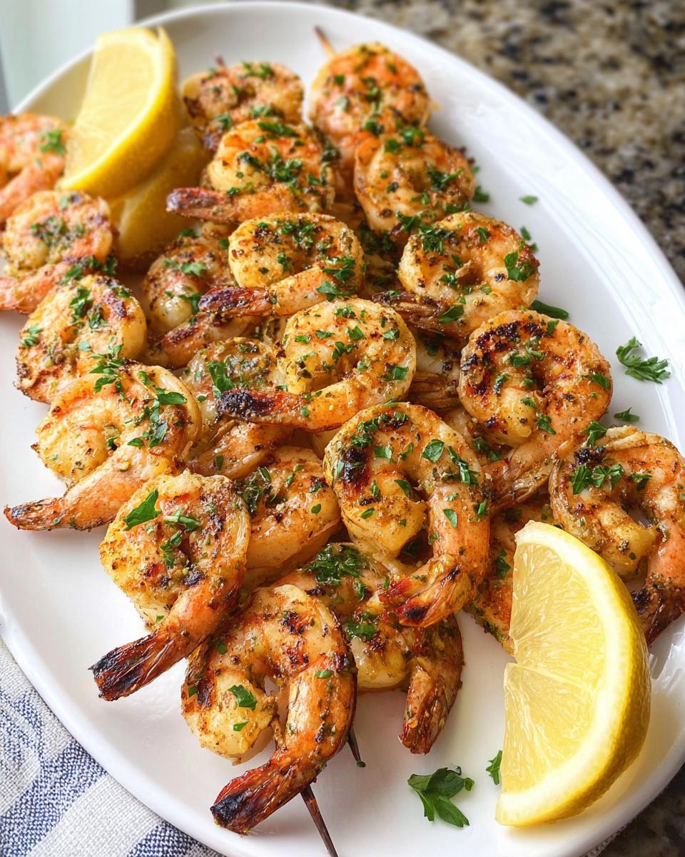 A platter of delicious Lemon Herb Grilled Shrimp Skewers, garnished with fresh parsley and lemon wedges.