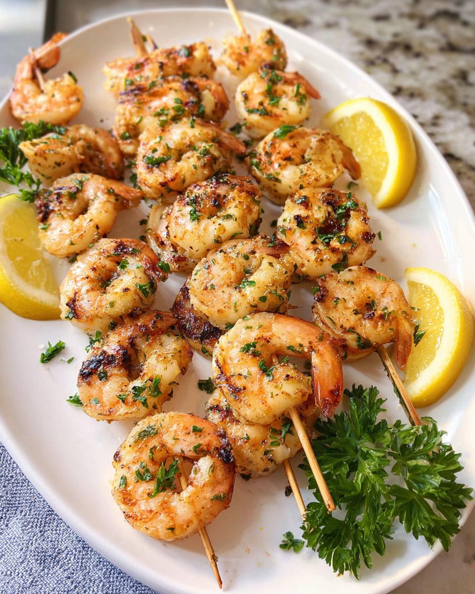 A platter of delicious Lemon Herb Grilled Shrimp Skewers, garnished with lemon wedges and fresh parsley.