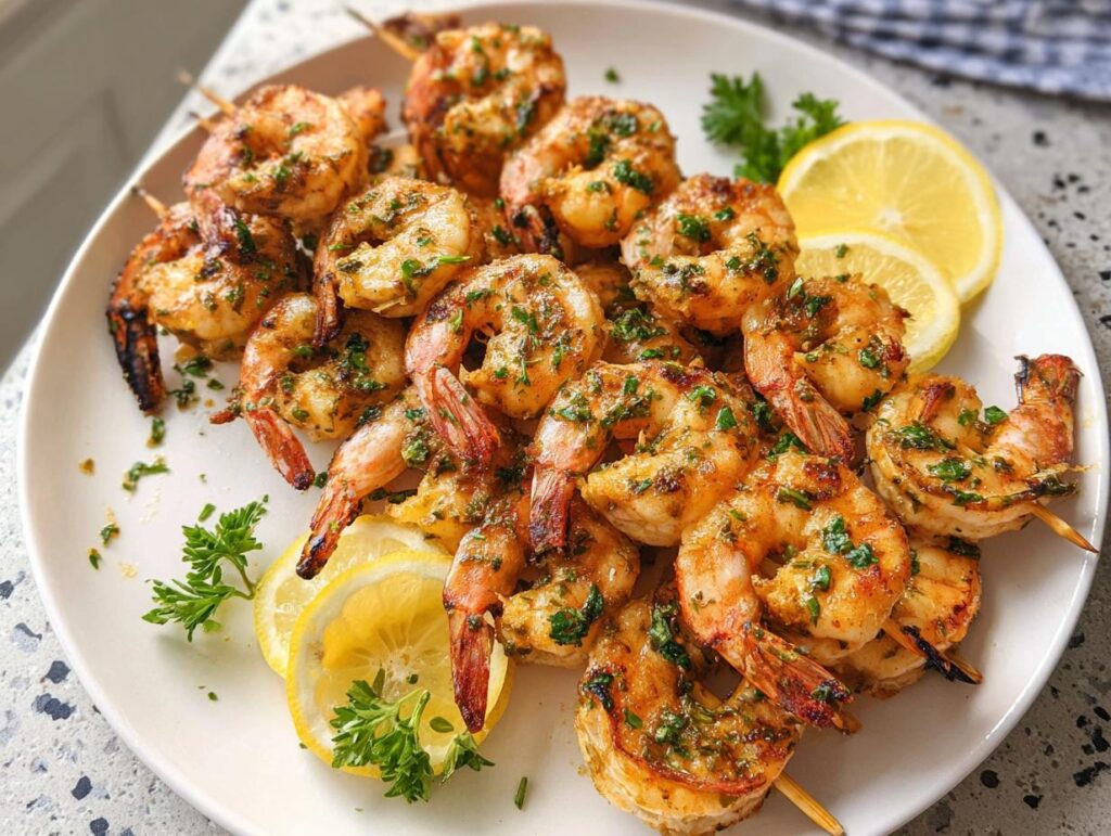 A platter of delicious Lemon Herb Grilled Shrimp Skewers, garnished with lemon slices and parsley.