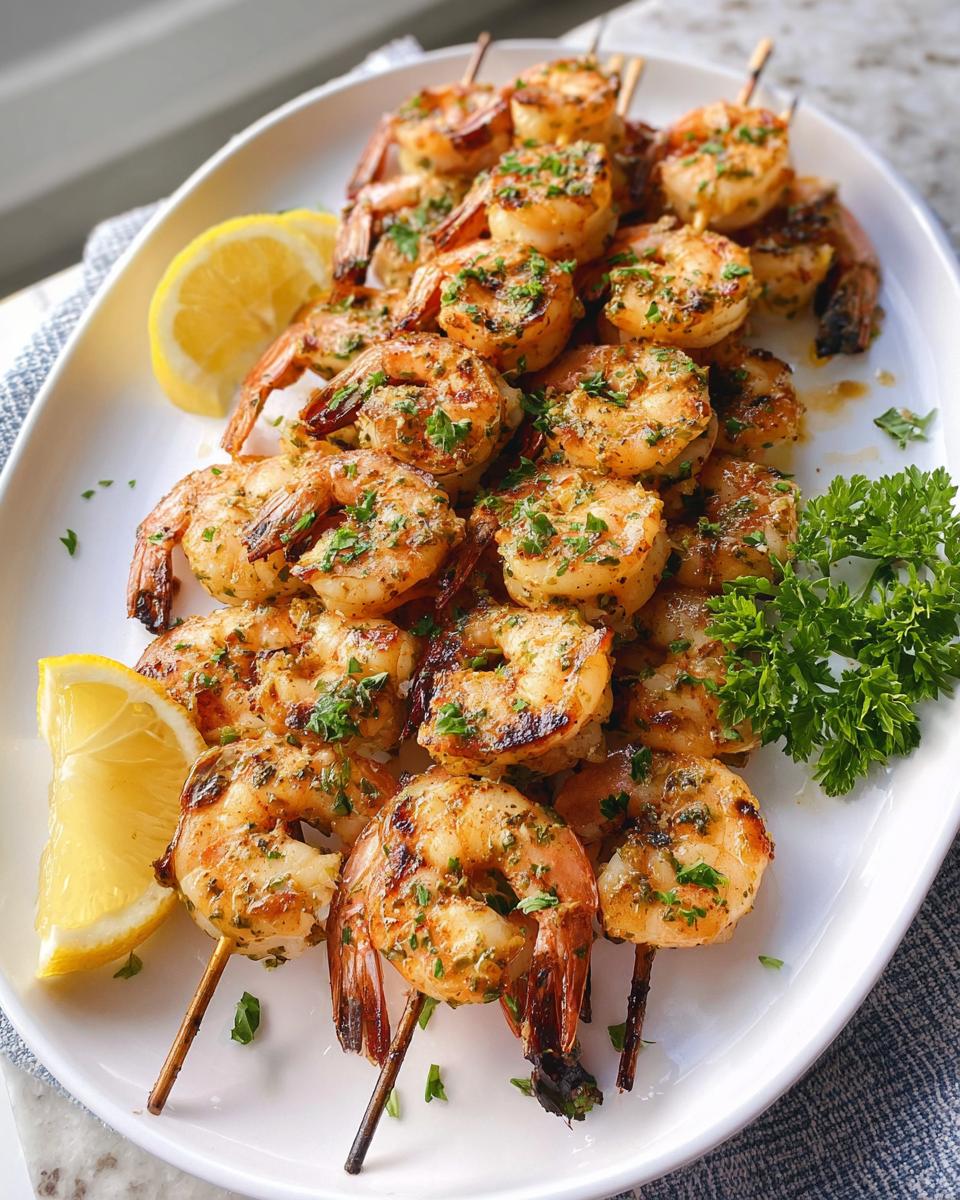 A white platter filled with delicious Lemon Herb Grilled Shrimp Skewers, garnished with fresh parsley and lemon wedges.