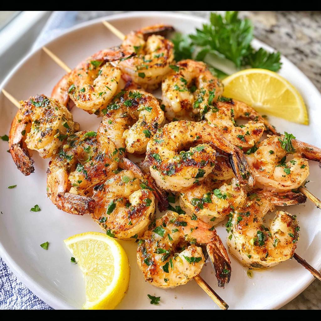 A plate of perfectly grilled Lemon Herb Grilled Shrimp Skewers, garnished with fresh parsley and lemon wedges.