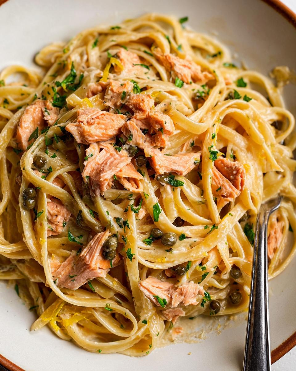 A close-up of Light & Creamy Salmon Pasta, featuring fettuccine noodles tossed in a creamy sauce with flaked salmon, capers, and parsley.