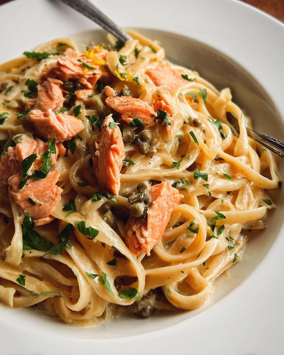 A close-up of Light & Creamy Salmon Pasta, featuring fettuccine noodles coated in a rich sauce, topped with flaked salmon, capers, and fresh parsley.