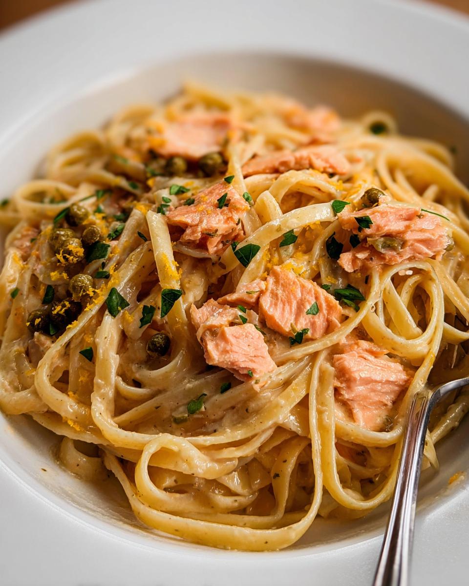A close-up of a bowl of Light & Creamy Salmon Pasta, featuring fettuccine noodles, flaked salmon, capers, and parsley.