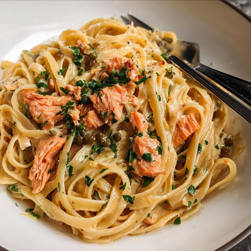 A close-up of Light & Creamy Salmon Pasta, featuring fettuccine noodles tossed in a rich sauce with flaked salmon and capers, garnished with parsley.