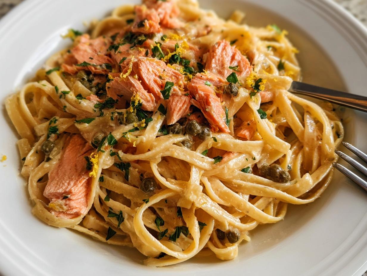 A close-up of a white plate filled with fettuccine pasta tossed in a creamy sauce, topped with flaked salmon, capers, and fresh parsley.