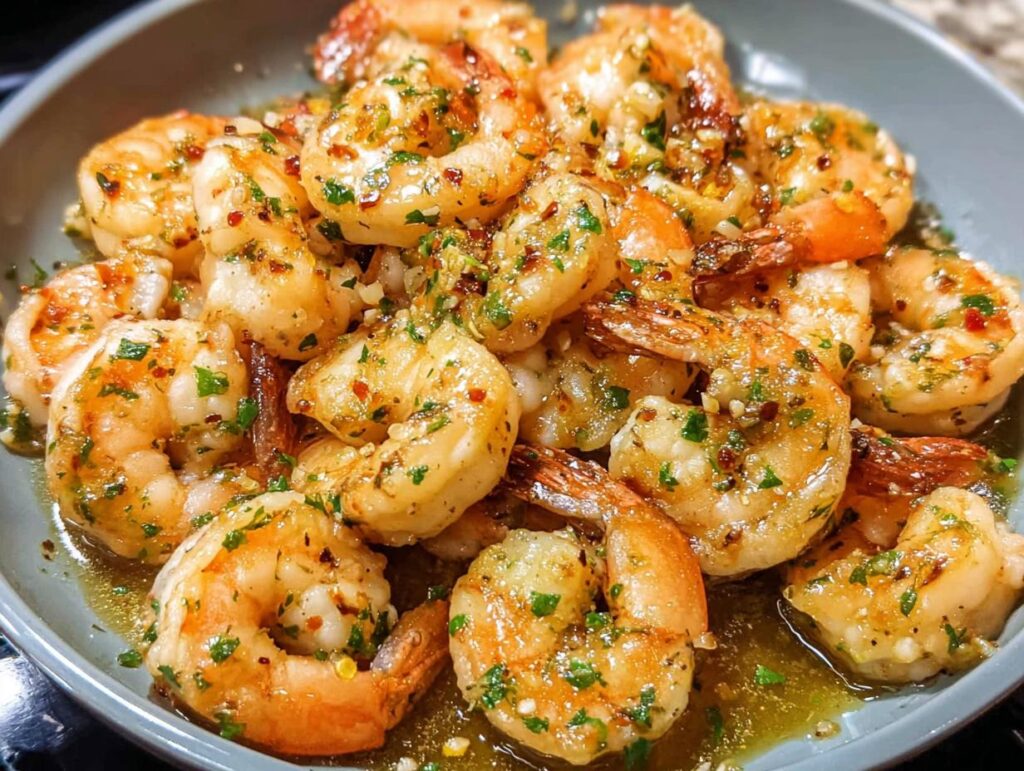 A close-up of a plate filled with glistening, perfectly cooked Shrimp Scampi (Lighter), coated in a garlic-butter sauce and sprinkled with fresh parsley and chili flakes.