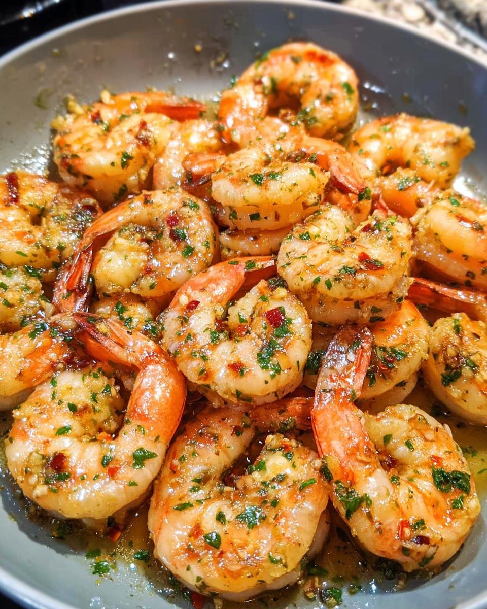 Close-up of a bowl filled with glistening, perfectly cooked Shrimp Scampi, coated in garlic, herbs, and chili flakes.