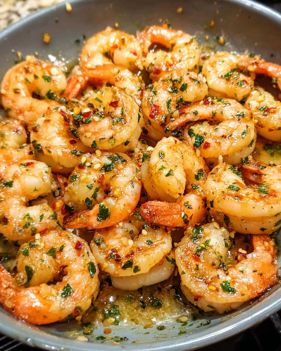 Close-up of a pan filled with glistening, perfectly cooked Shrimp Scampi, tossed with garlic, herbs, and red pepper flakes.