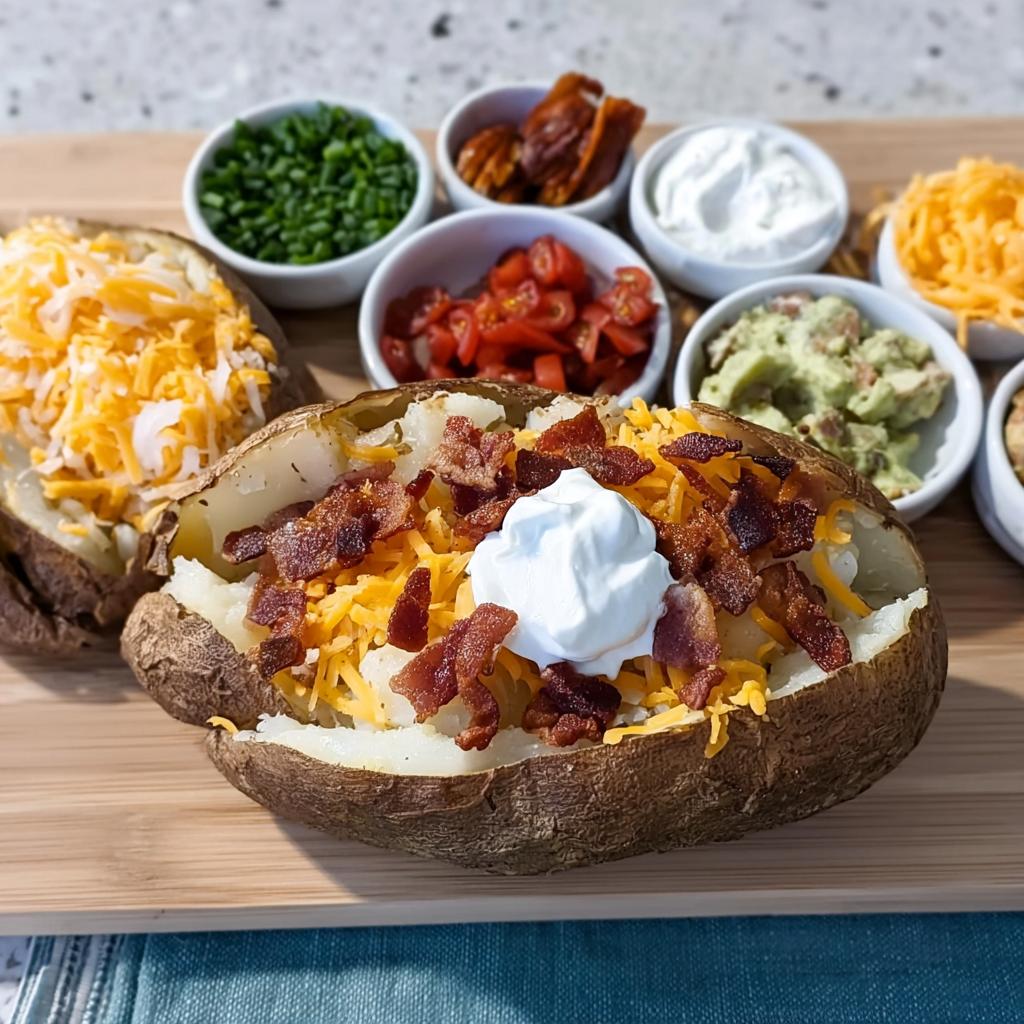 A fully loaded baked potato topped with shredded cheese, bacon bits, and a dollop of sour cream, ready for eating.