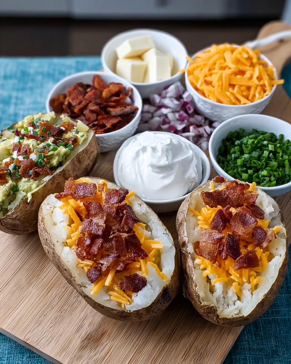 Three baked potatoes being loaded with toppings like cheese, bacon, sour cream, and chives for Loaded Baked Potatoes.