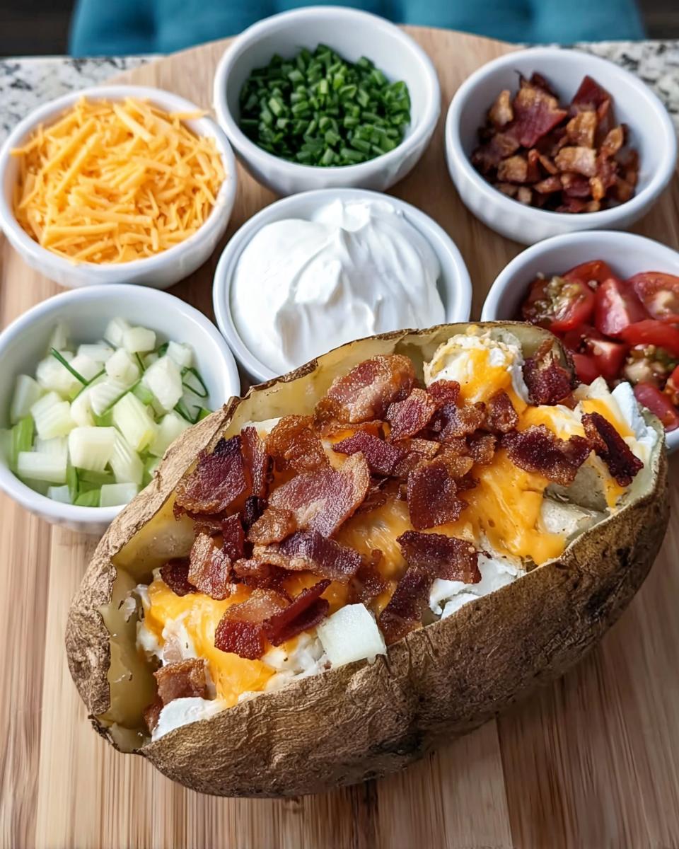 A fully loaded baked potato topped with cheese and bacon, surrounded by bowls of toppings for Loaded Baked Potatoes (Bar Night).