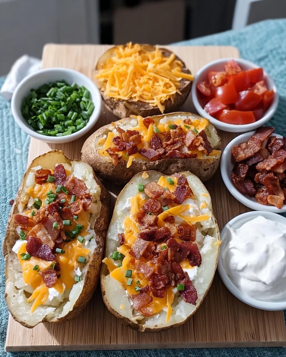 Three fully assembled Loaded Baked Potatoes topped with cheese, bacon, and chives, surrounded by bowls of toppings.