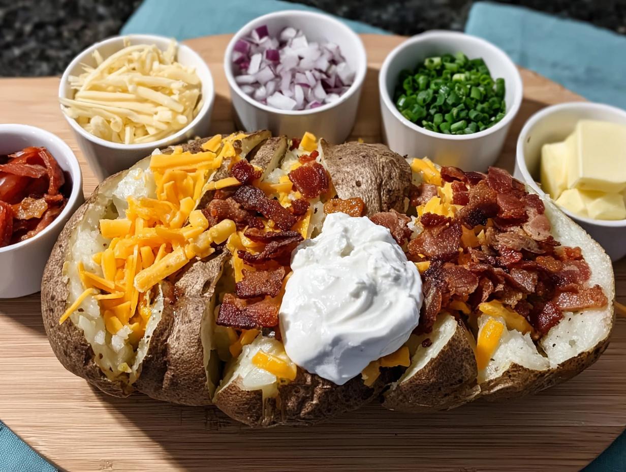 A fully loaded baked potato topped with cheese, bacon bits, and sour cream, surrounded by bowls of toppings for Loaded Baked Potatoes.