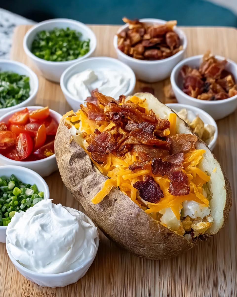 A fully loaded baked potato topped with shredded cheddar cheese and crispy bacon, surrounded by bowls of toppings for Loaded Baked Potatoes.