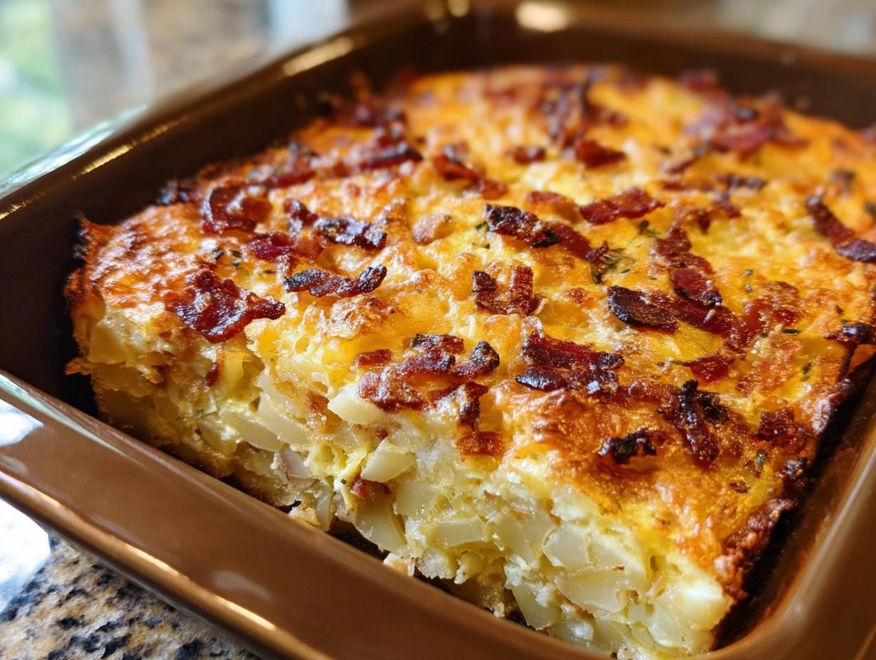 A close-up of a baked slice of Loaded Breakfast Casserole with Bacon and Potatoes in a brown dish.