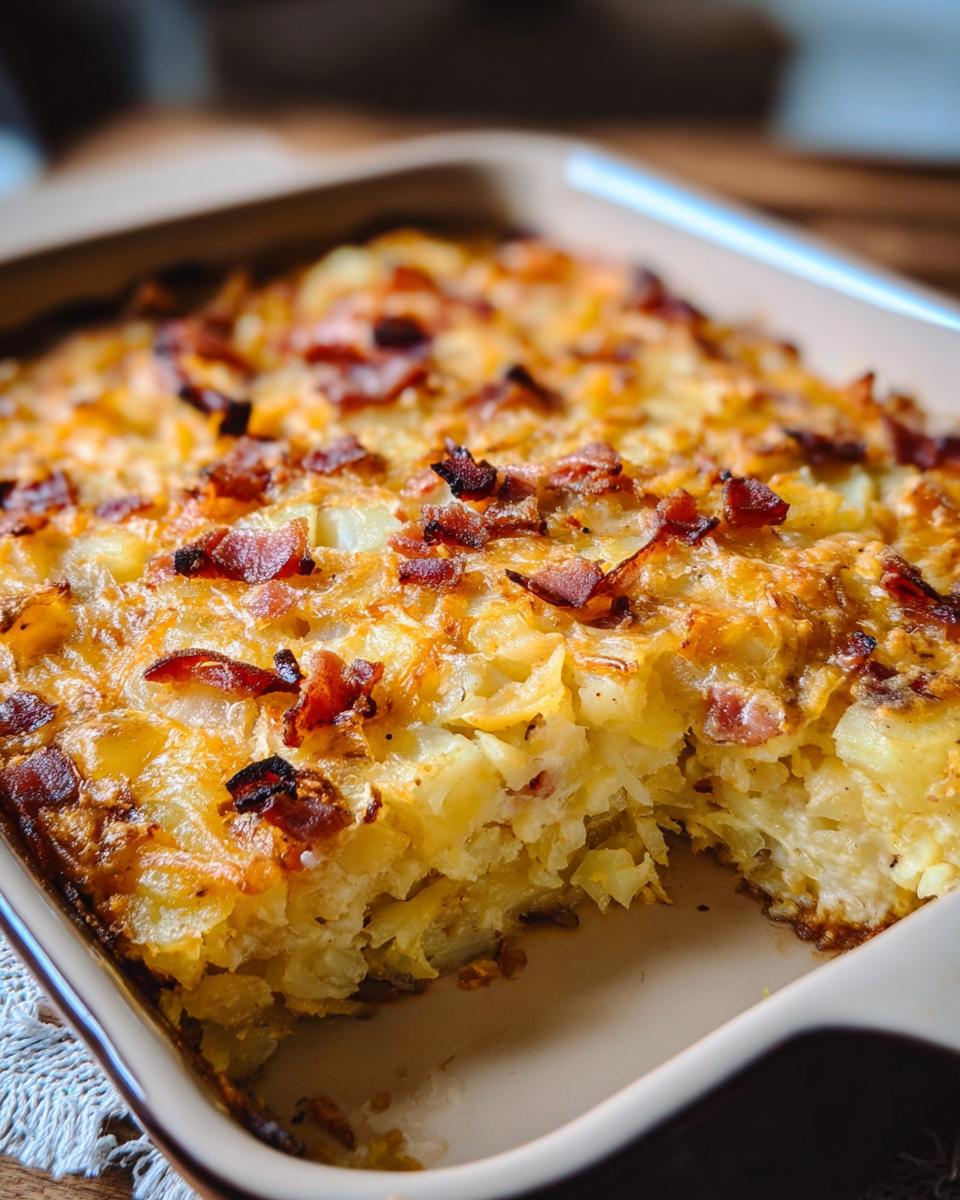 Close-up of a baked Loaded Breakfast Casserole with Bacon and Potatoes, showing a scoop removed