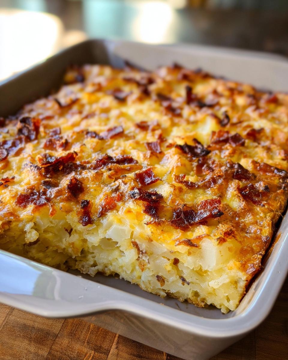 A close-up view of a freshly baked Loaded Breakfast Casserole with Bacon and Potatoes in a grey baking dish.
