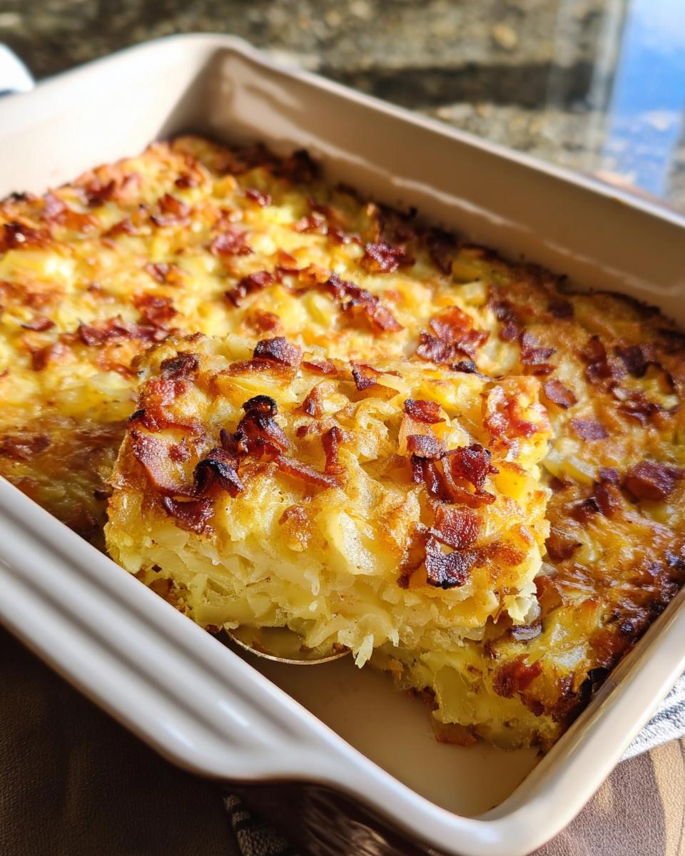 A scoop being lifted from a golden-brown Loaded Breakfast Casserole with Bacon and Potatoes in a ceramic baking dish.